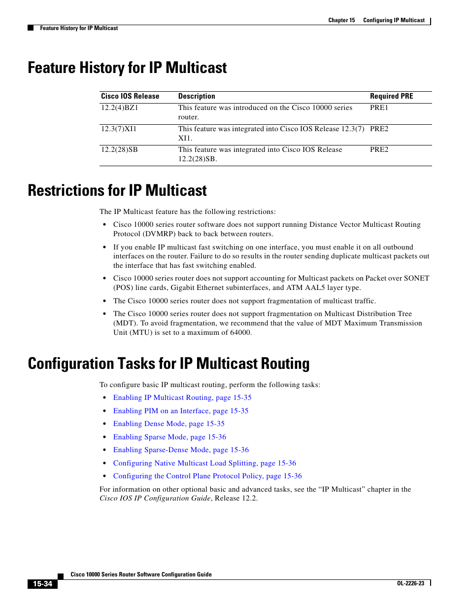 Feature history for ip multicast, Restrictions for ip multicast, Configuration tasks for ip multicast routing | Cisco 10000 User Manual | Page 336 / 556