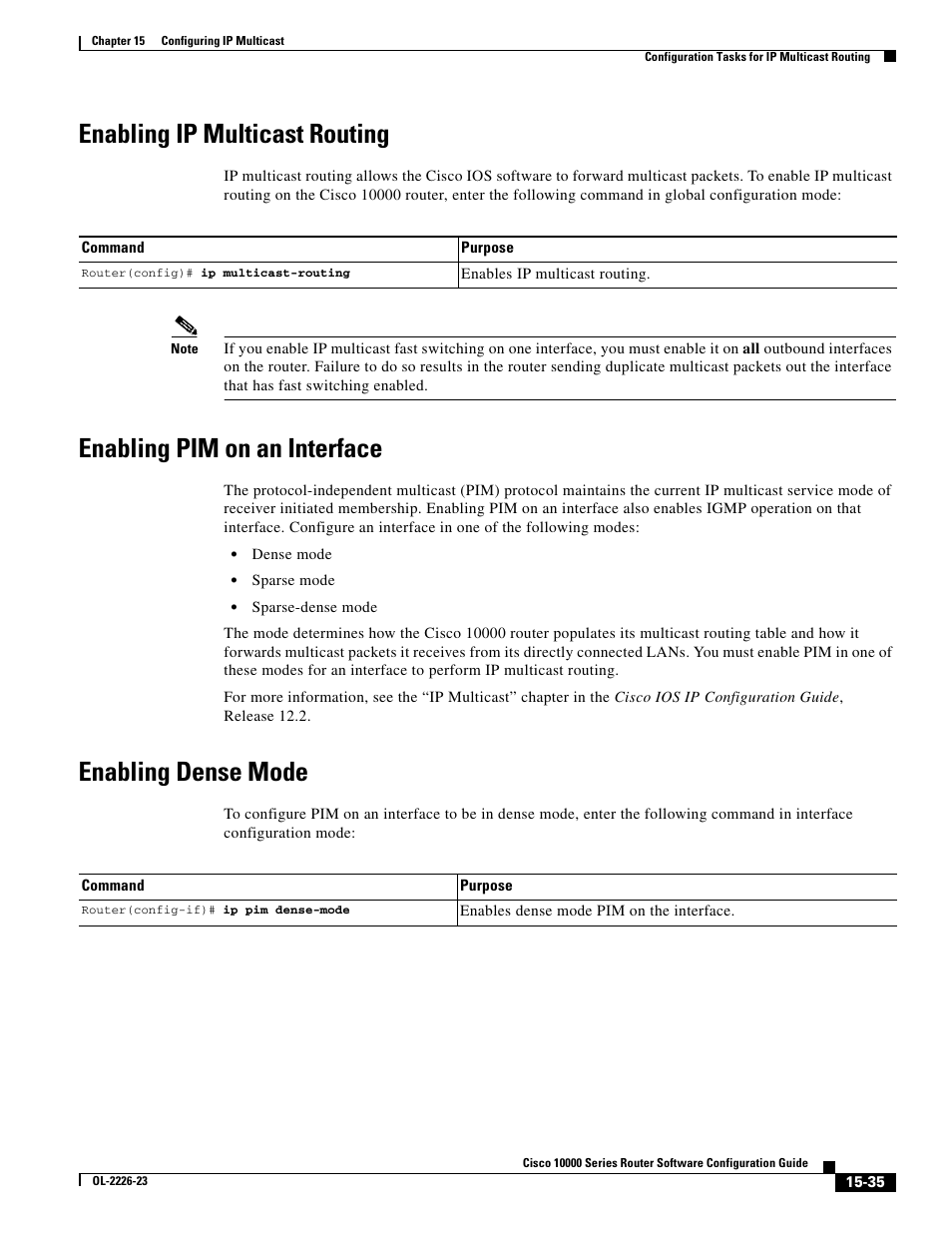 Enabling ip multicast routing, Enabling pim on an interface, Enabling dense mode | Cisco 10000 User Manual | Page 337 / 556