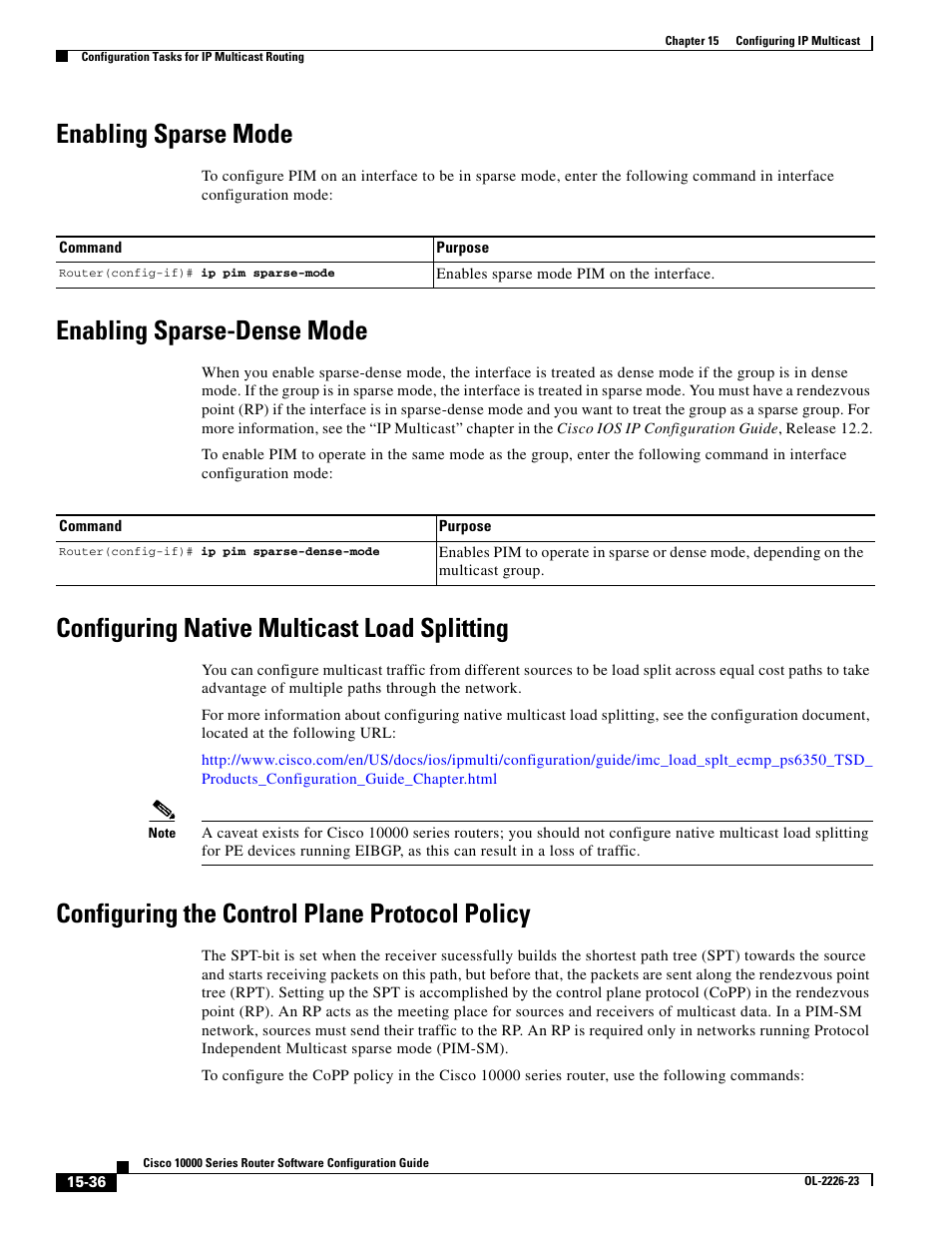 Enabling sparse mode, Enabling sparse-dense mode, Configuring native multicast load splitting | Configuring the control plane protocol policy | Cisco 10000 User Manual | Page 338 / 556