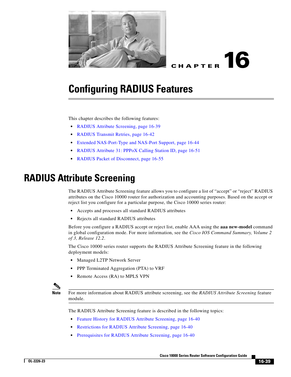 Configuring radius features, Radius attribute screening, C h a p t e r | Cisco 10000 User Manual | Page 341 / 556