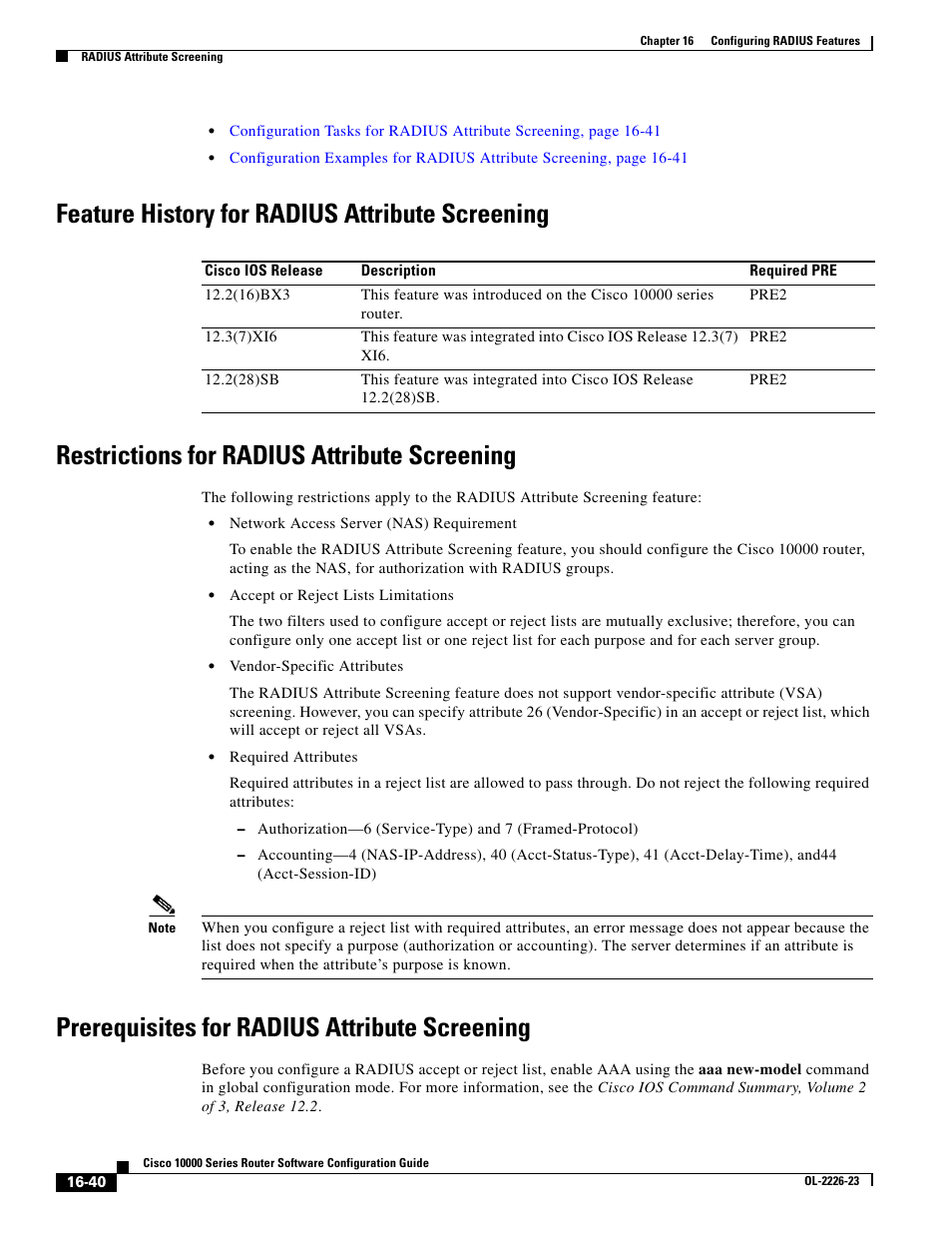 Feature history for radius attribute screening, Restrictions for radius attribute screening, Prerequisites for radius attribute screening | Cisco 10000 User Manual | Page 342 / 556