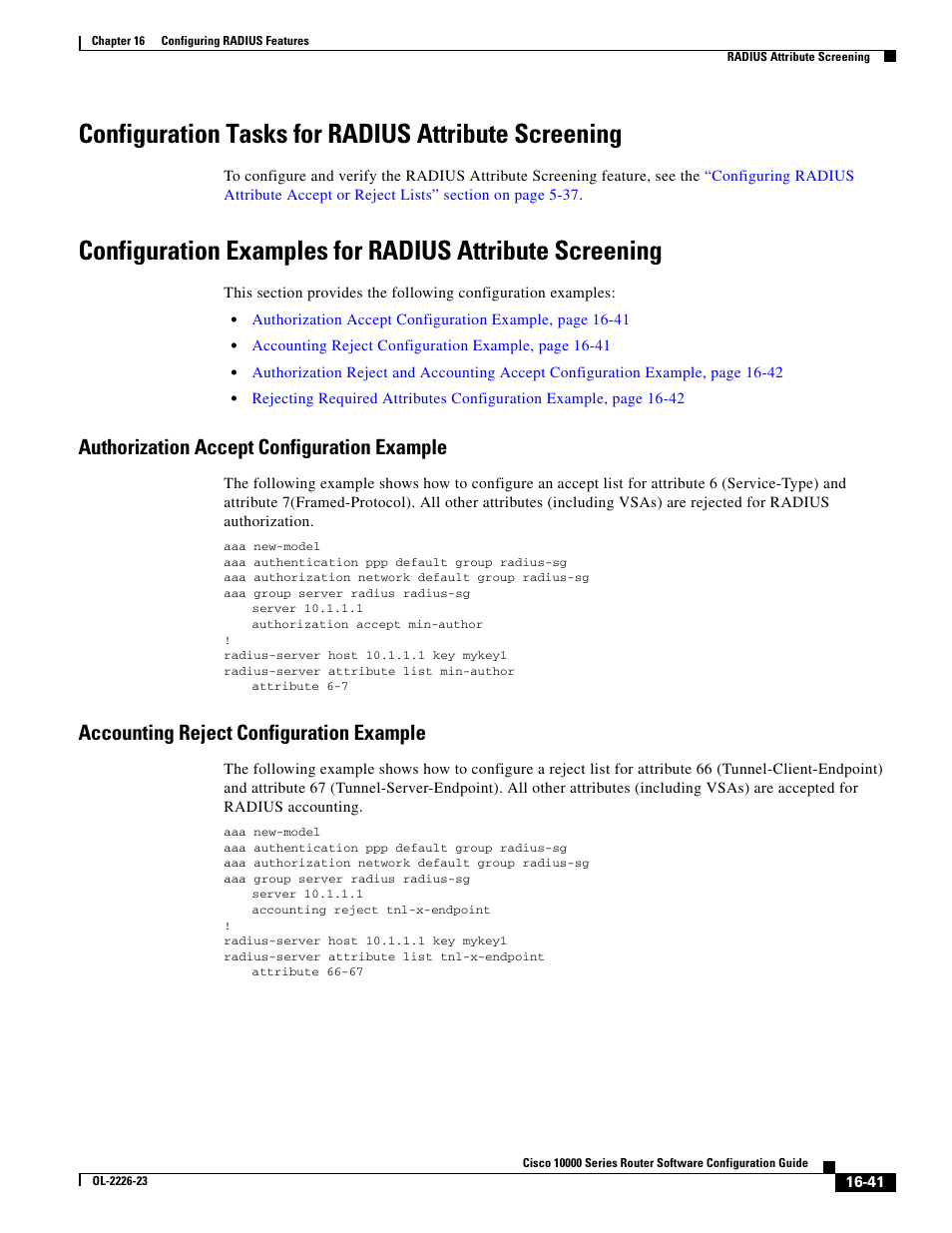 Configuration tasks for radius attribute screening, Authorization accept configuration example, Accounting reject configuration example | Cisco 10000 User Manual | Page 343 / 556