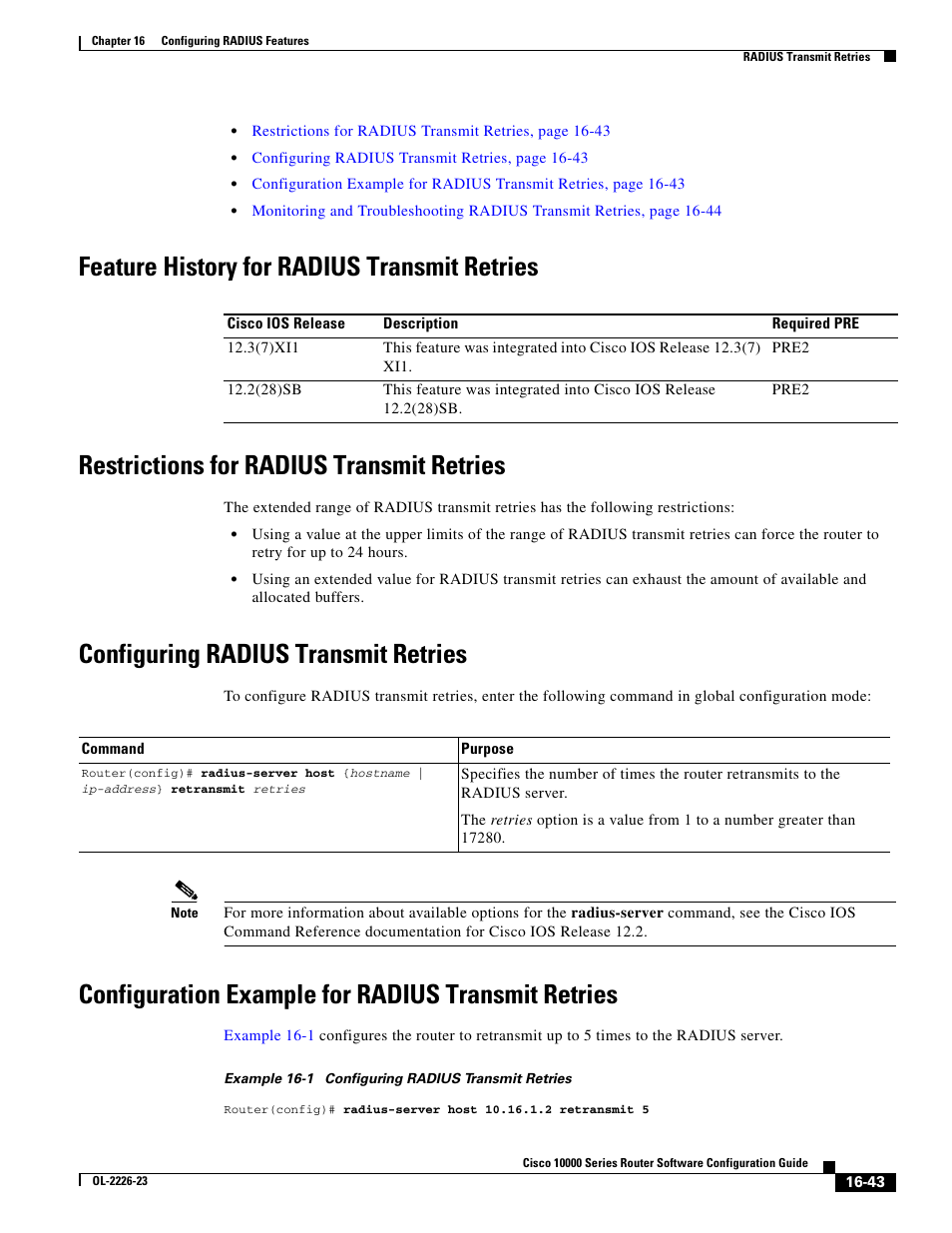 Feature history for radius transmit retries, Restrictions for radius transmit retries, Configuring radius transmit retries | Configuration example for radius transmit retries | Cisco 10000 User Manual | Page 345 / 556