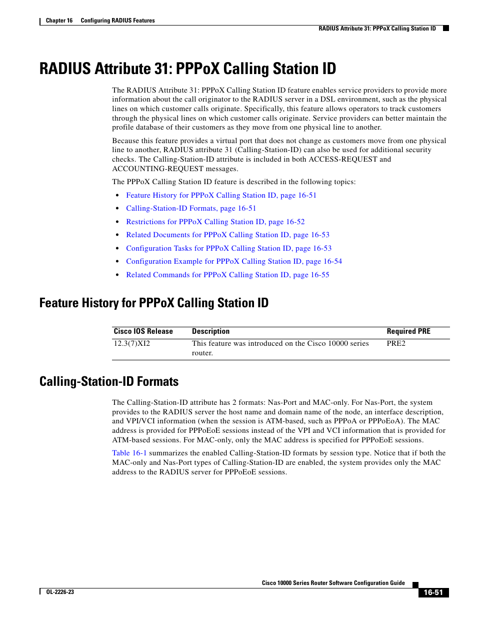 Radius attribute 31: pppox calling station id, Feature history for pppox calling station id, Calling-station-id formats | Cisco 10000 User Manual | Page 353 / 556