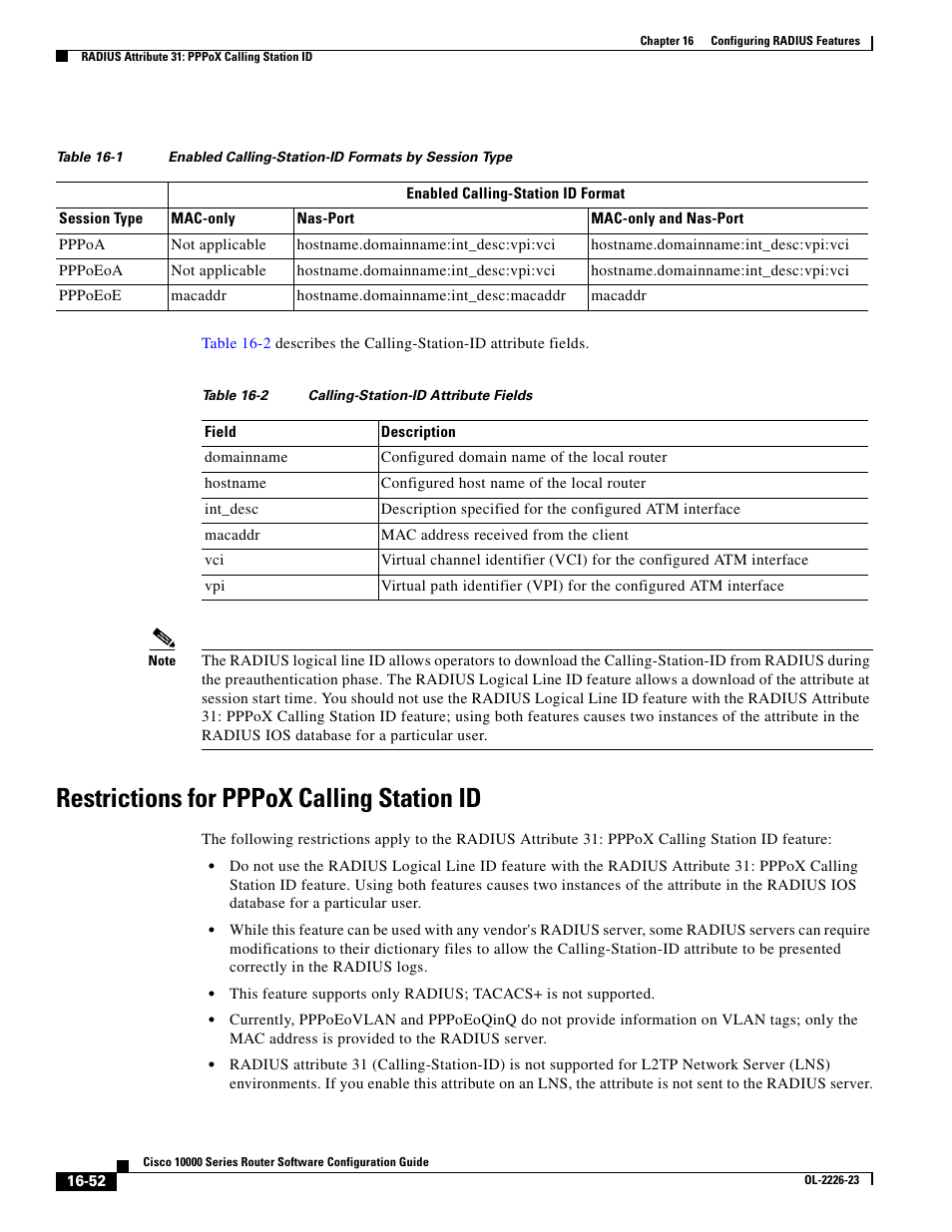 Restrictions for pppox calling station id, Table 16-1 | Cisco 10000 User Manual | Page 354 / 556