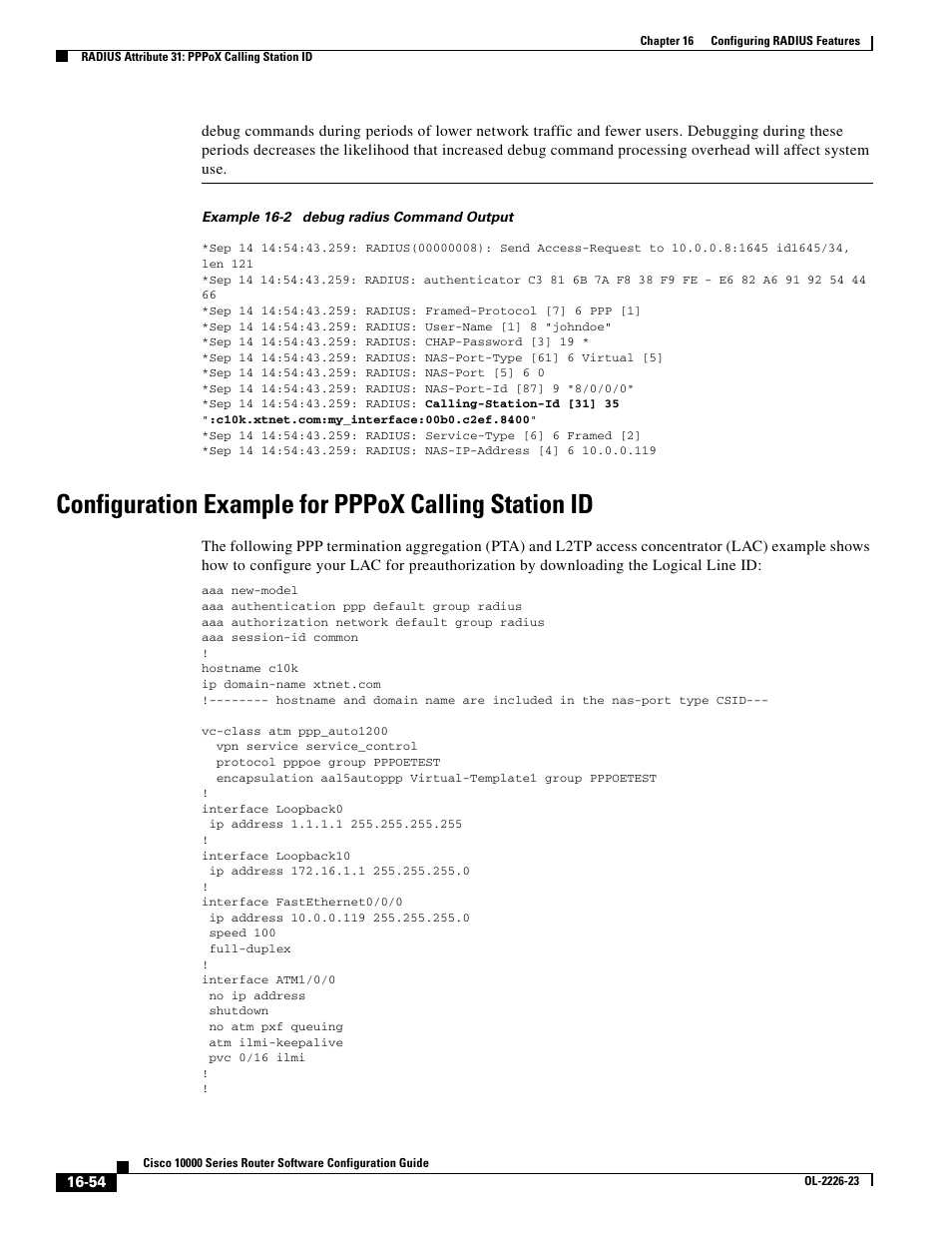 Configuration example for pppox calling station id, Example 16-2 | Cisco 10000 User Manual | Page 356 / 556