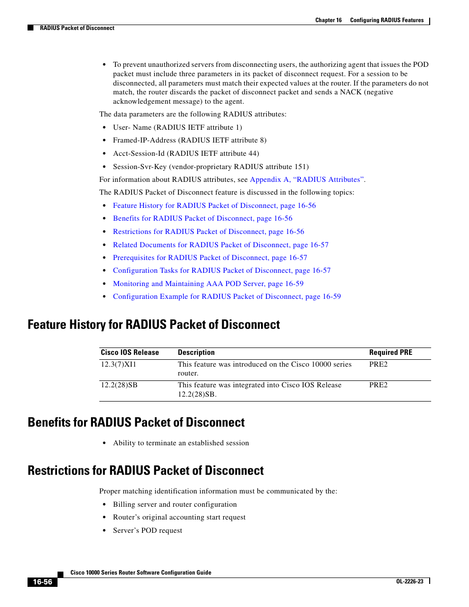 Feature history for radius packet of disconnect, Benefits for radius packet of disconnect, Restrictions for radius packet of disconnect | Cisco 10000 User Manual | Page 358 / 556