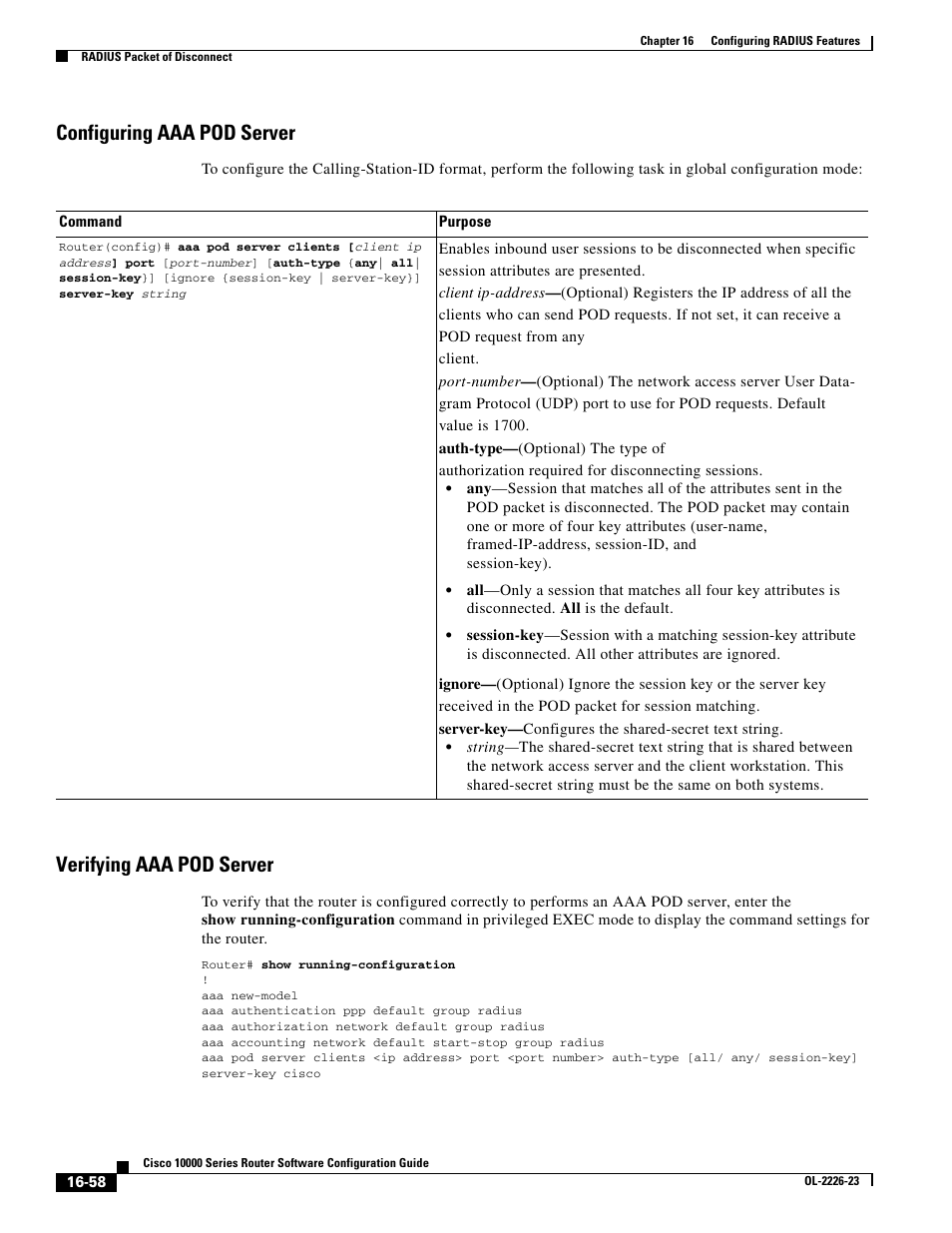 Configuring aaa pod server, Verifying aaa pod server | Cisco 10000 User Manual | Page 360 / 556