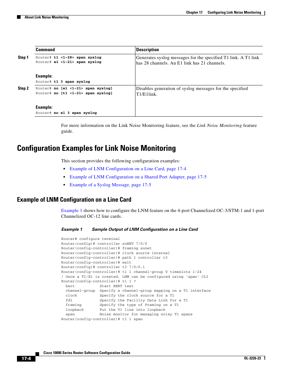 Configuration examples for link noise monitoring, Example of lnm configuration on a line card | Cisco 10000 User Manual | Page 366 / 556