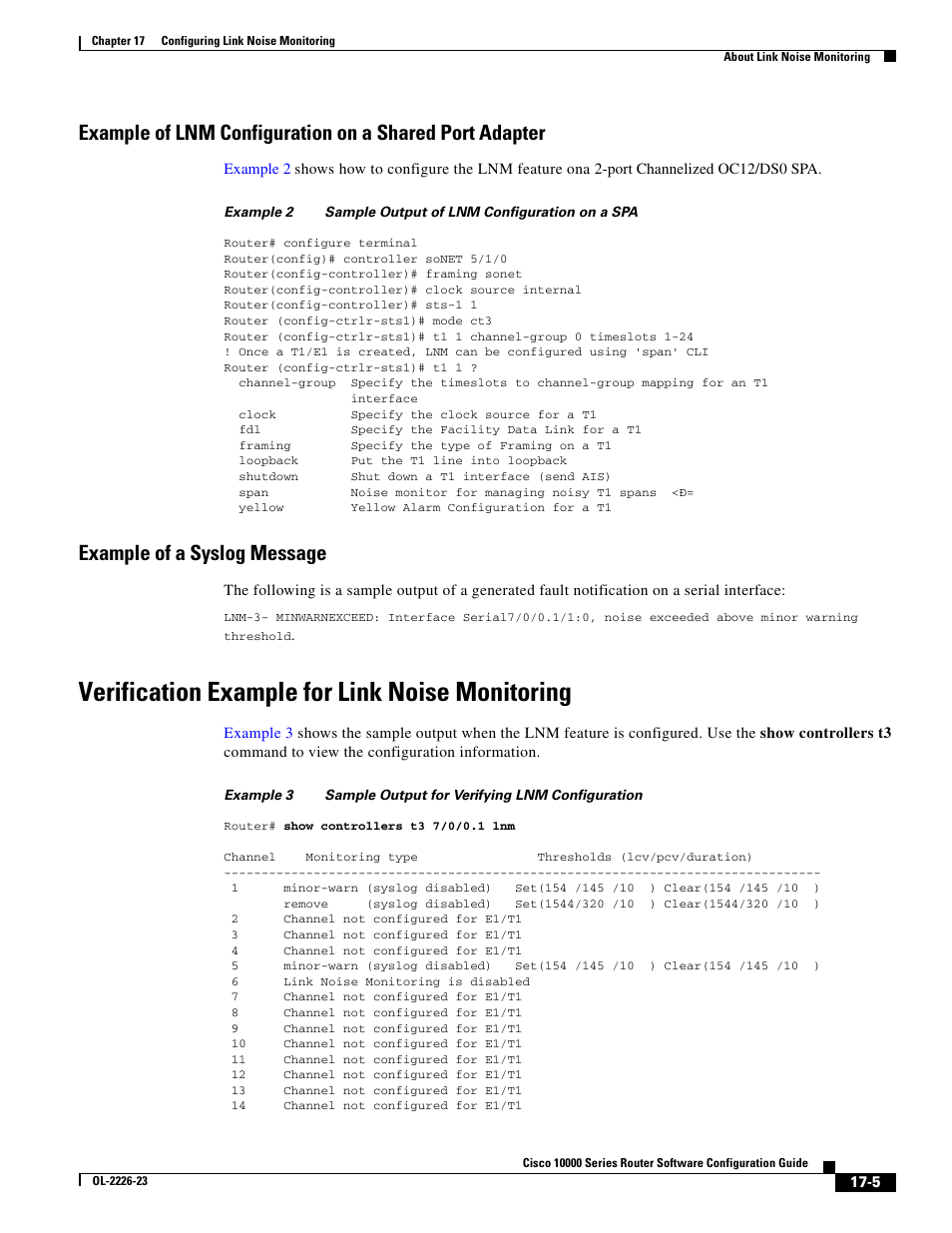 Example of a syslog message, Verification example for link noise monitoring | Cisco 10000 User Manual | Page 367 / 556