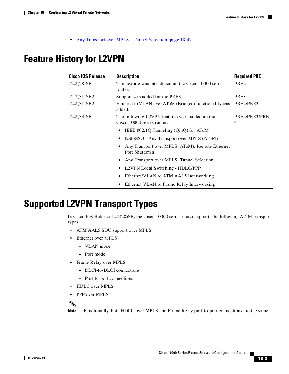 Feature history for l2vpn, Supported l2vpn transport types | Cisco 10000 User Manual | Page 371 / 556