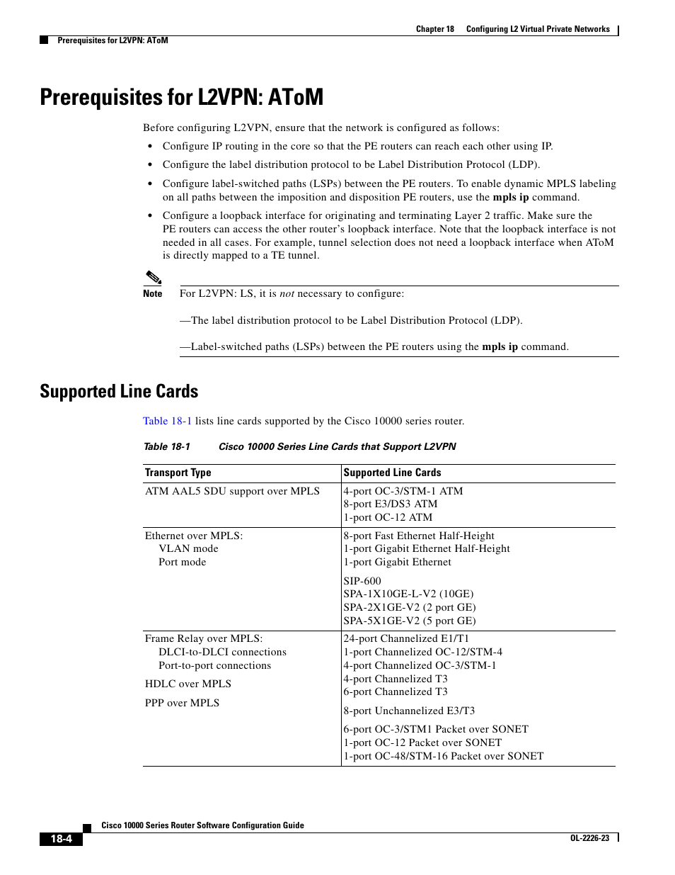 Prerequisites for l2vpn: atom, Supported line cards | Cisco 10000 User Manual | Page 372 / 556