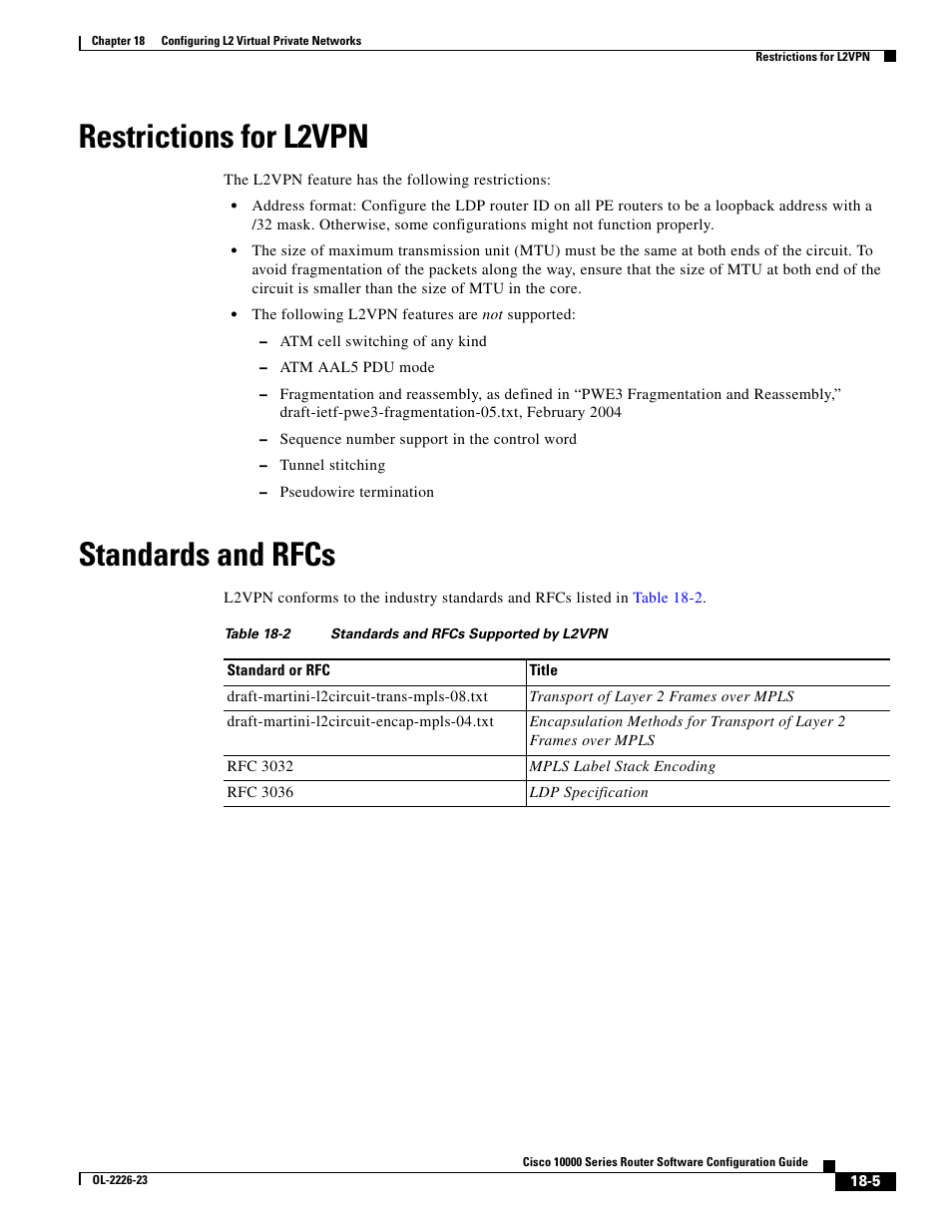 Restrictions for l2vpn, Standards and rfcs | Cisco 10000 User Manual | Page 373 / 556