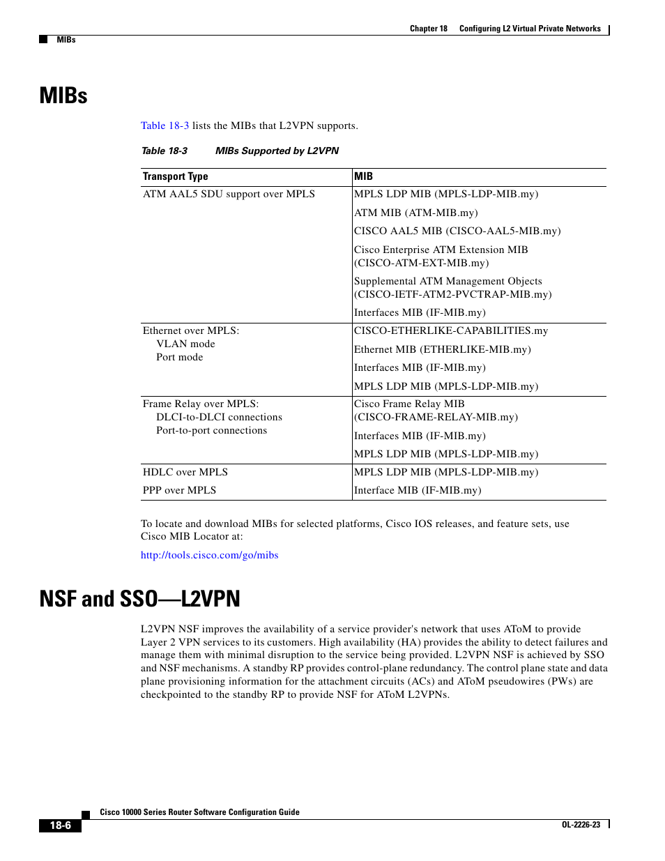 Mibs, Nsf and sso-l2vpn, Nsf and sso—l2vpn | Cisco 10000 User Manual | Page 374 / 556