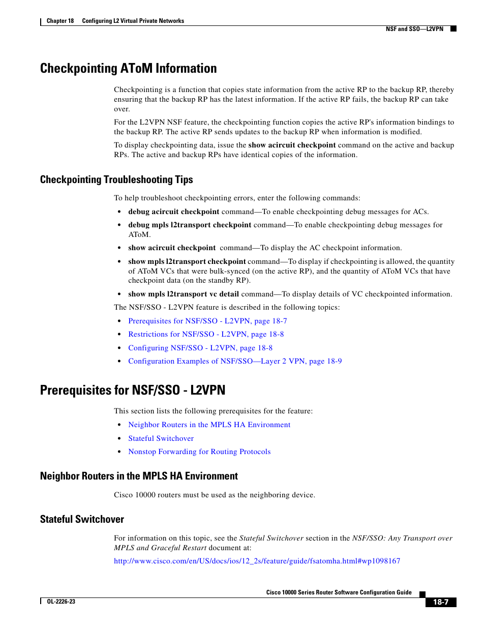 Checkpointing atom information, Checkpointing troubleshooting tips, Prerequisites for nsf/sso - l2vpn | Neighbor routers in the mpls ha environment, Stateful switchover | Cisco 10000 User Manual | Page 375 / 556