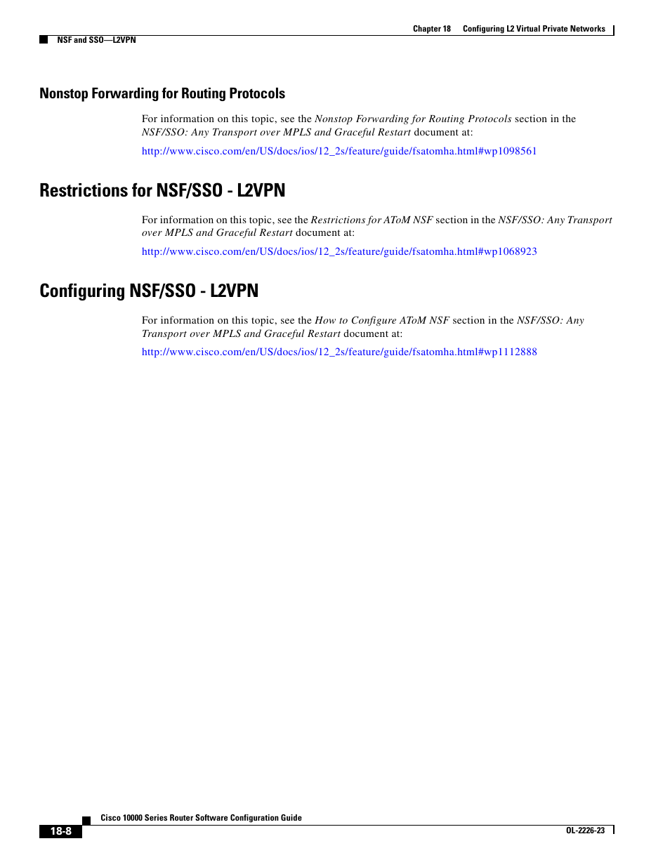 Nonstop forwarding for routing protocols, Restrictions for nsf/sso - l2vpn, Configuring nsf/sso - l2vpn | Cisco 10000 User Manual | Page 376 / 556