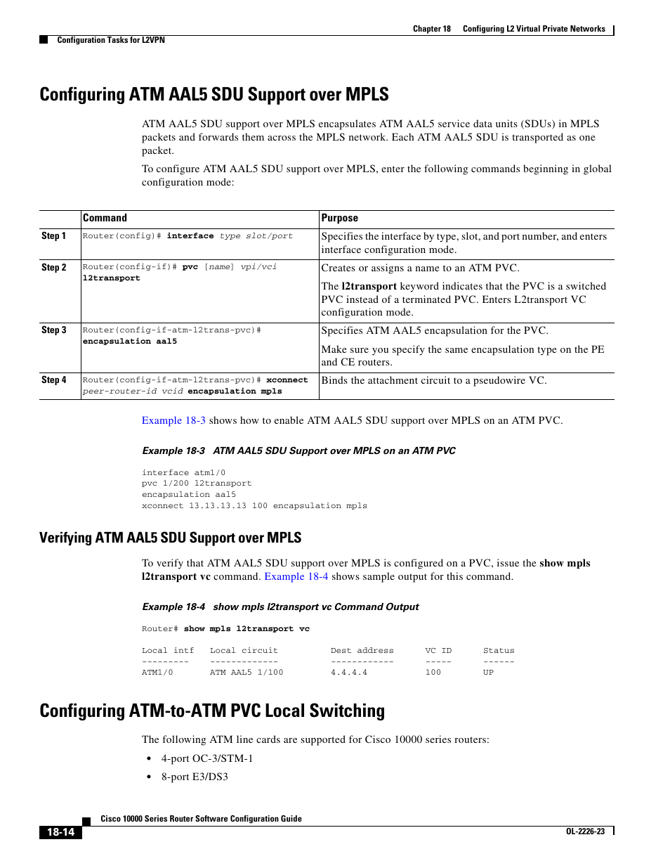 Configuring atm aal5 sdu support over mpls, Verifying atm aal5 sdu support over mpls, Configuring atm-to-atm pvc local switching | Cisco 10000 User Manual | Page 382 / 556