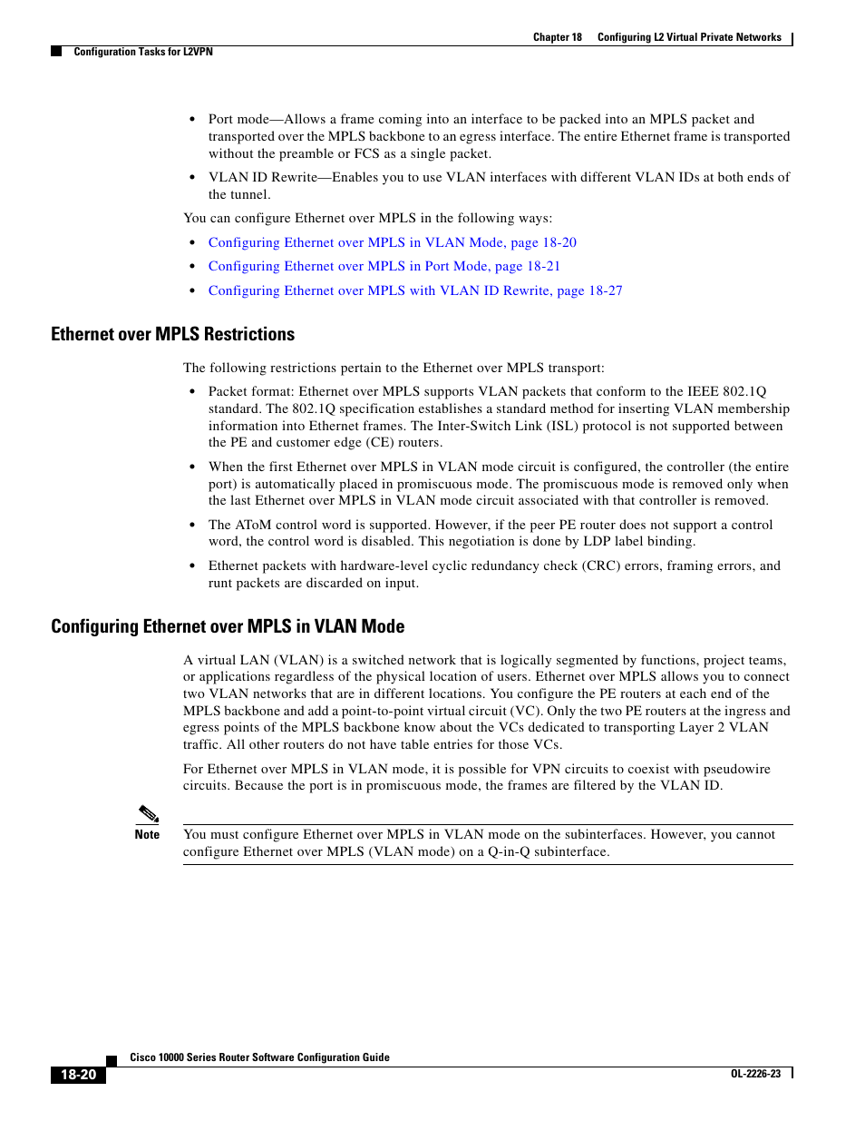 Ethernet over mpls restrictions, Configuring ethernet over mpls in vlan mode | Cisco 10000 User Manual | Page 388 / 556