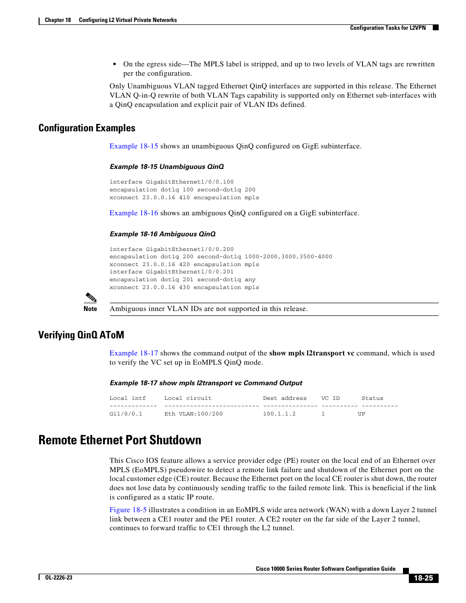 Configuration examples, Verifying qinq atom, Remote ethernet port shutdown | Cisco 10000 User Manual | Page 393 / 556