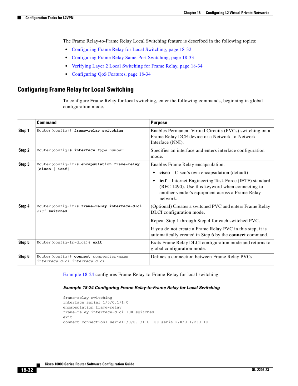 Configuring frame relay for local switching | Cisco 10000 User Manual | Page 400 / 556