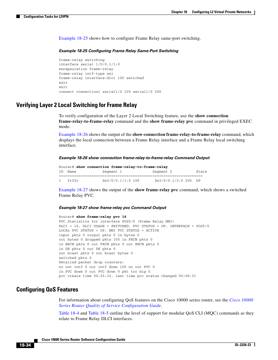 Verifying layer 2 local switching for frame relay, Configuring qos features | Cisco 10000 User Manual | Page 402 / 556