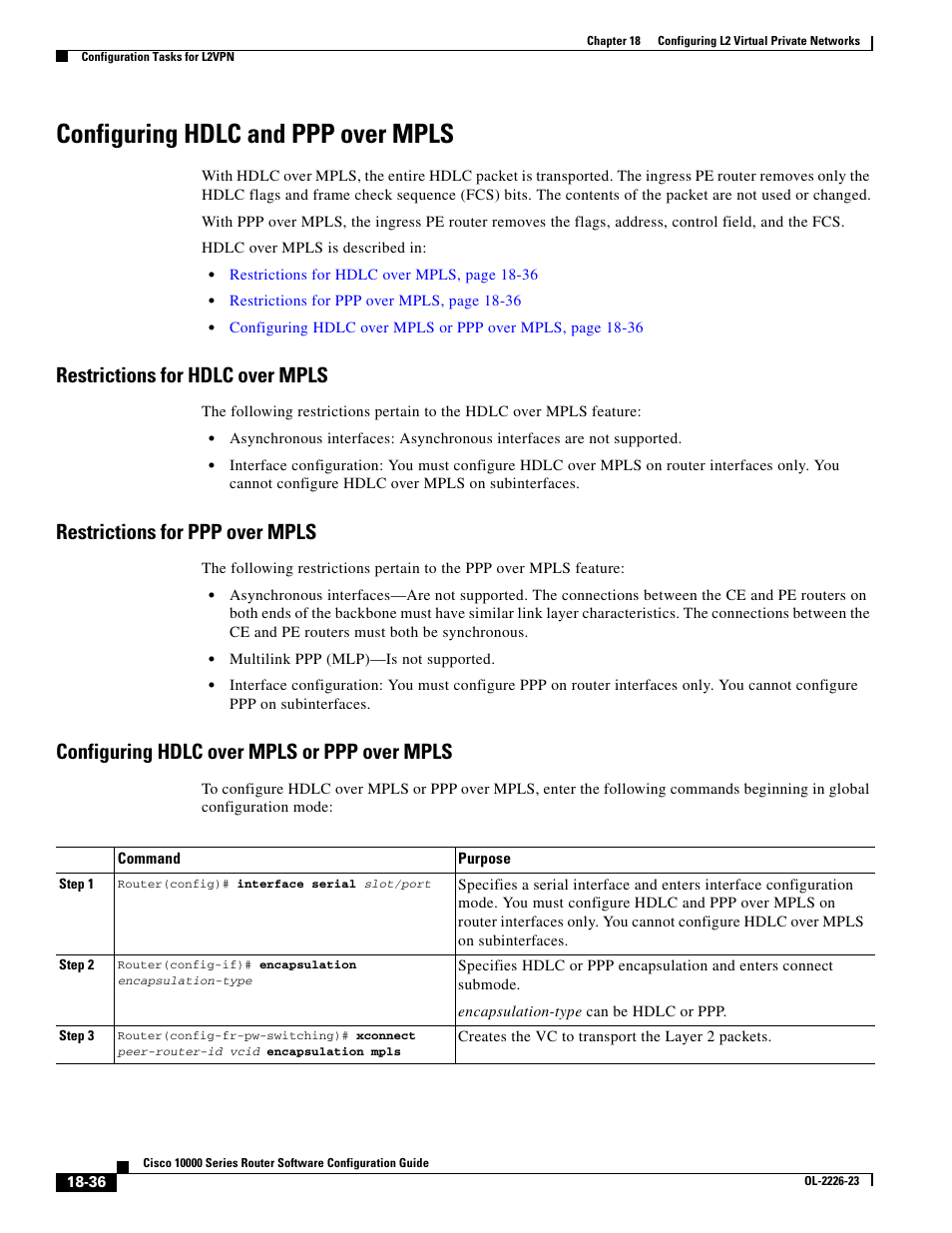 Configuring hdlc and ppp over mpls, Restrictions for hdlc over mpls, Restrictions for ppp over mpls | Configuring hdlc over mpls or ppp over mpls | Cisco 10000 User Manual | Page 404 / 556