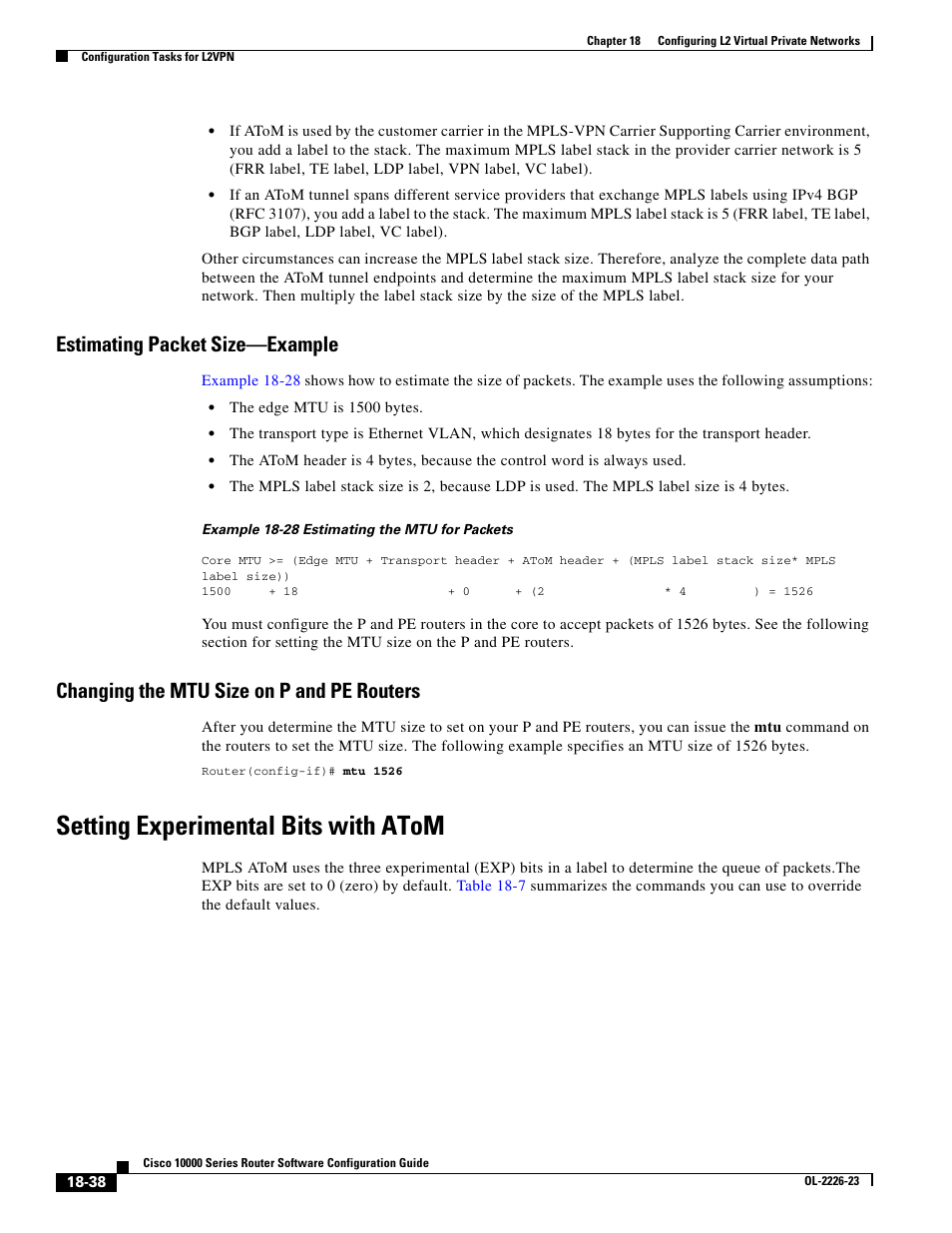 Estimating packet size-example, Changing the mtu size on p and pe routers, Setting experimental bits with atom | Estimating packet size—example | Cisco 10000 User Manual | Page 406 / 556