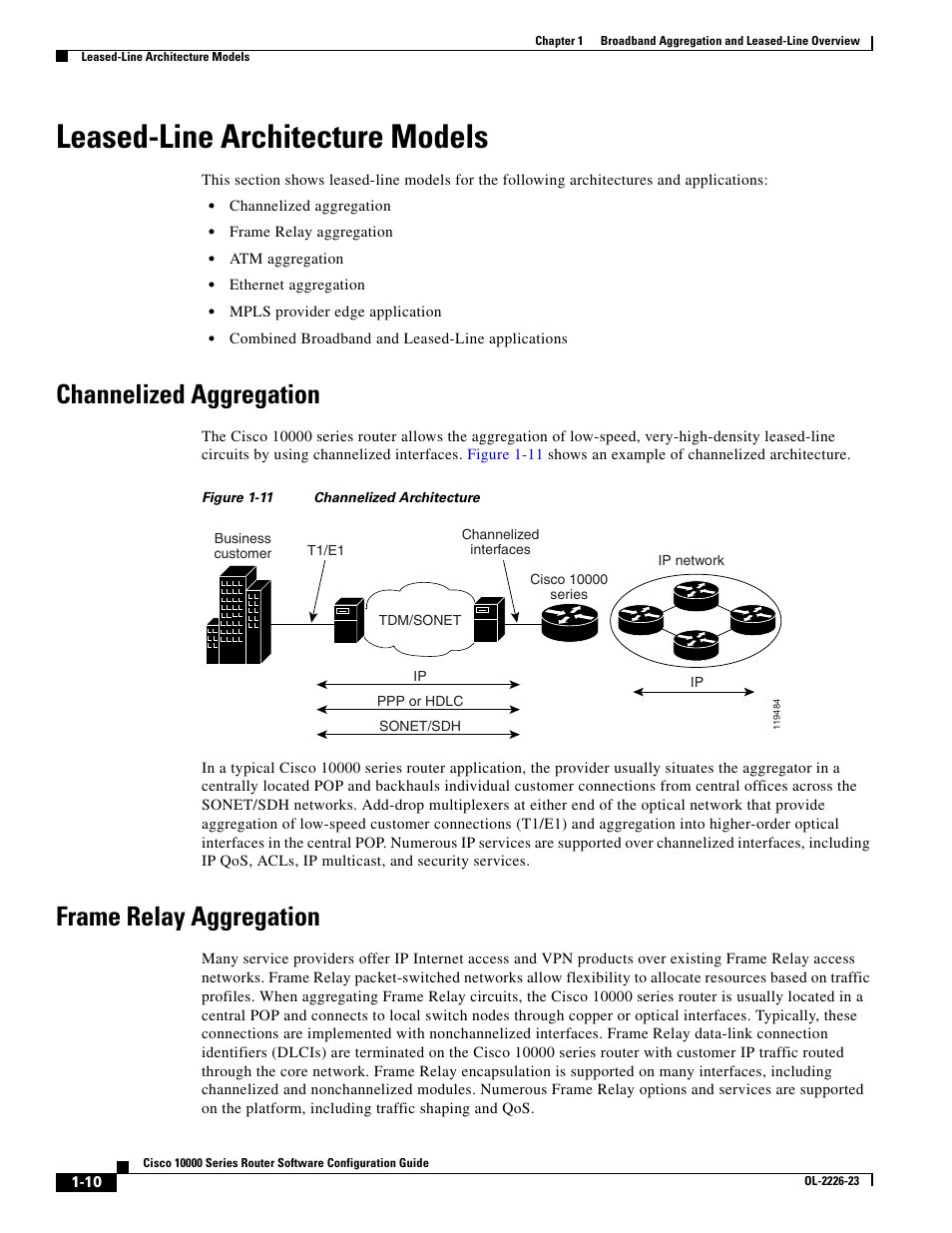 Leased-line architecture models, Channelized aggregation, Frame relay aggregation | Cisco 10000 User Manual | Page 42 / 556