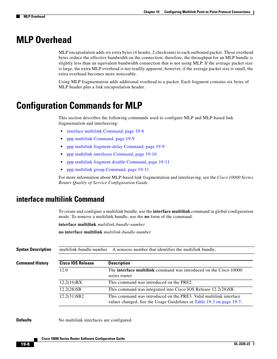 Mlp overhead, Configuration commands for mlp, Interface multilink command | Cisco 10000 User Manual | Page 426 / 556