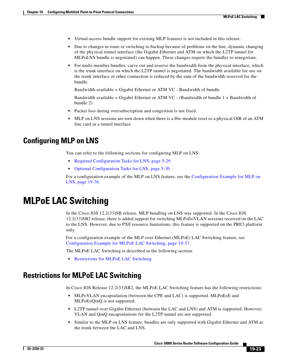 Configuring mlp on lns, Mlpoe lac switching, Restrictions for mlpoe lac switching | Cisco 10000 User Manual | Page 441 / 556