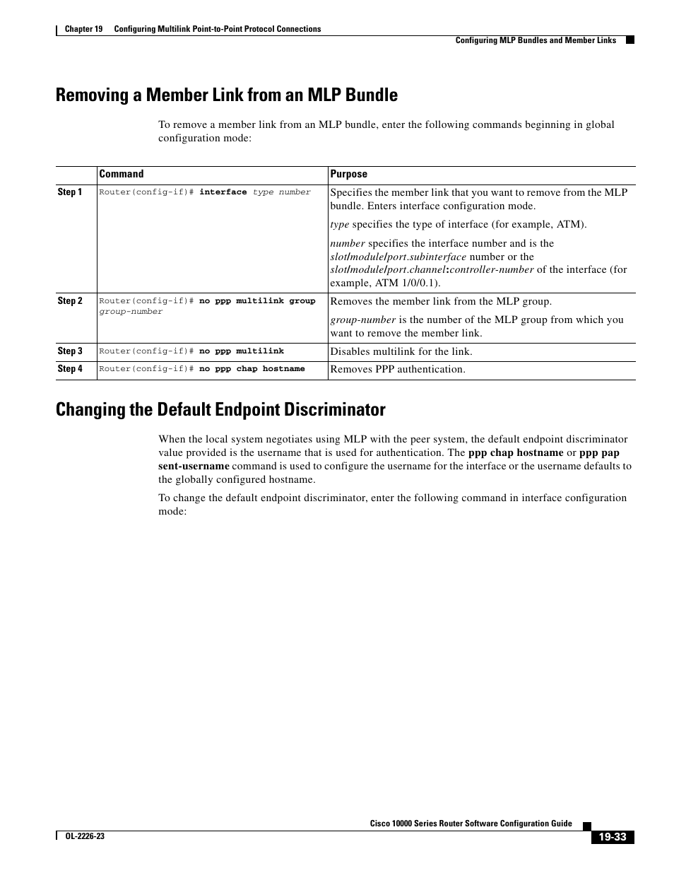 Removing a member link from an mlp bundle, Changing the default endpoint discriminator | Cisco 10000 User Manual | Page 451 / 556