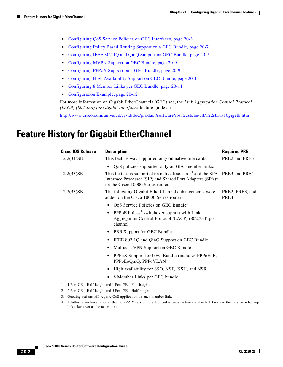 Feature history for gigabit etherchannel | Cisco 10000 User Manual | Page 464 / 556