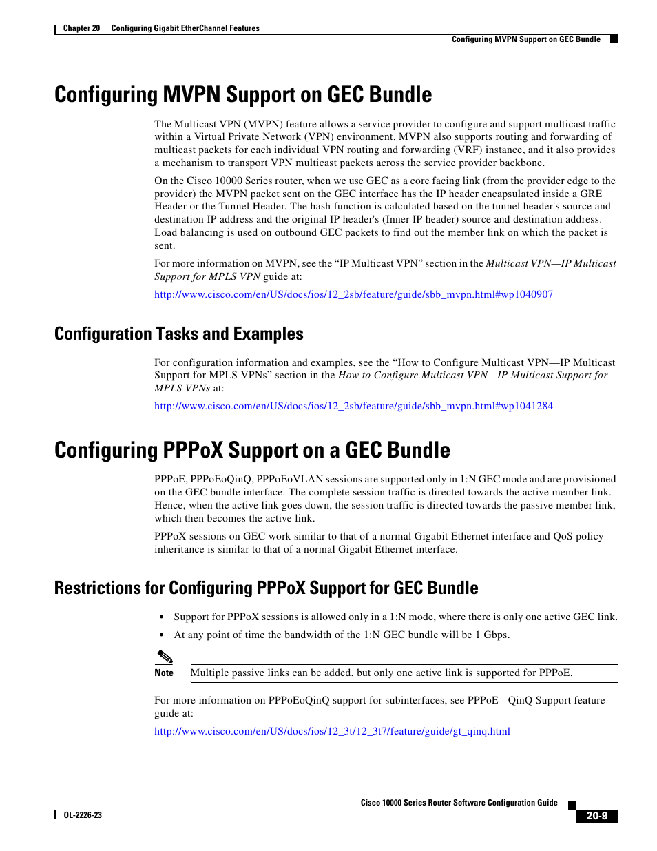 Configuring mvpn support on gec bundle, Configuration tasks and examples, Configuring pppox support on a gec bundle | Cisco 10000 User Manual | Page 471 / 556