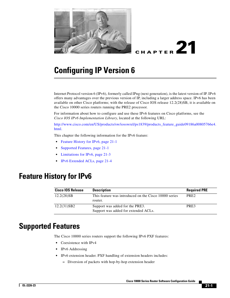 Configuring ip version 6, Feature history for ipv6, Supported features | C h a p t e r, Feature history for ipv6 supported features | Cisco 10000 User Manual | Page 477 / 556