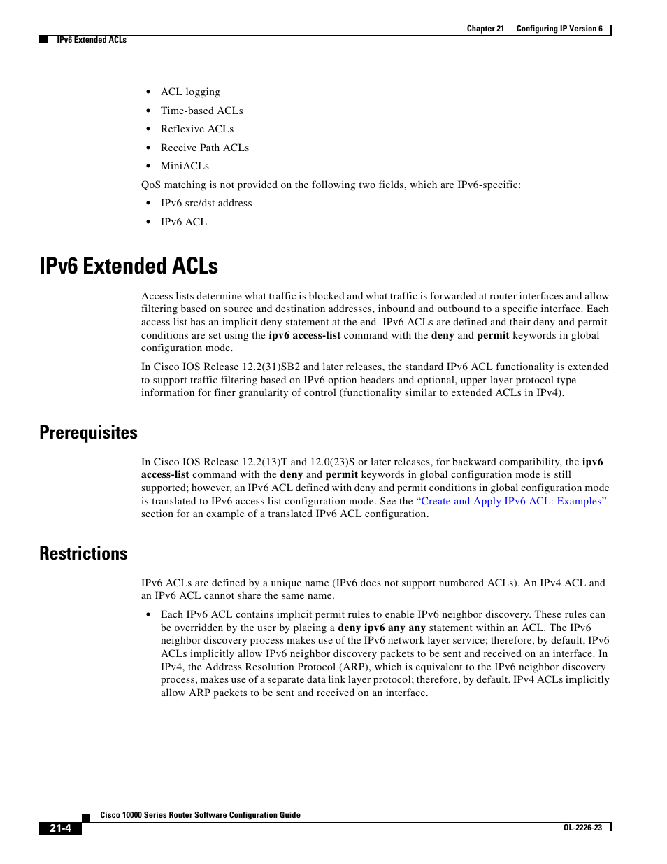 Ipv6 extended acls, Prerequisites, Restrictions | Cisco 10000 User Manual | Page 480 / 556