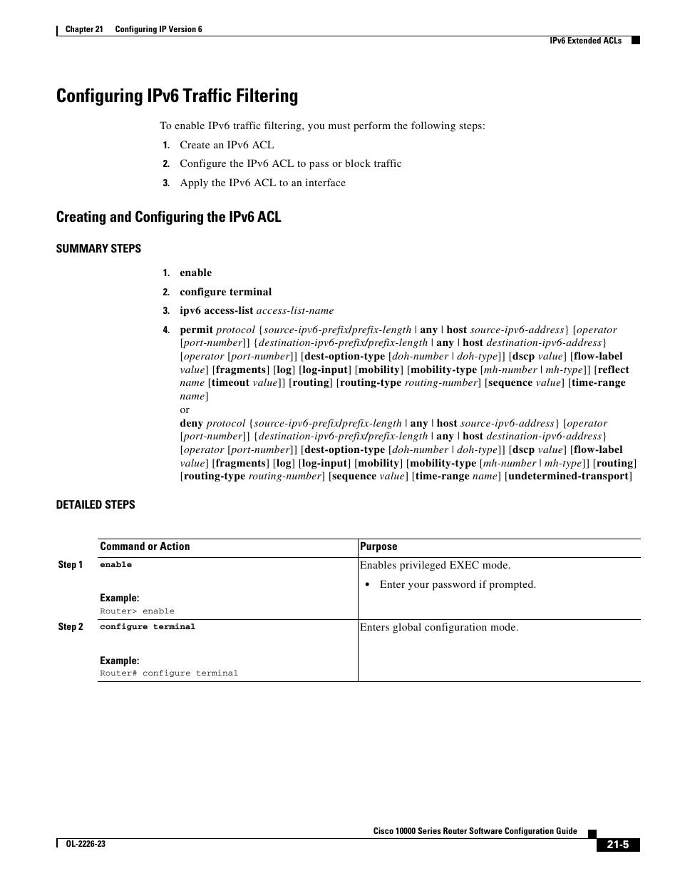 Configuring ipv6 traffic filtering, Creating and configuring the ipv6 acl | Cisco 10000 User Manual | Page 481 / 556