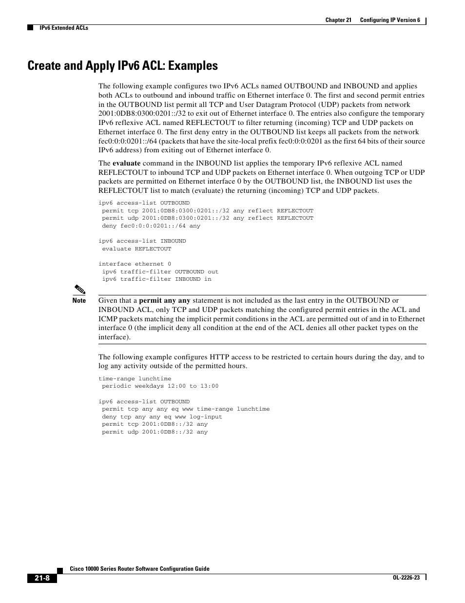 Create and apply ipv6 acl: examples | Cisco 10000 User Manual | Page 484 / 556