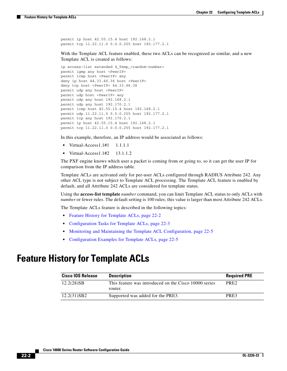 Feature history for template acls | Cisco 10000 User Manual | Page 486 / 556