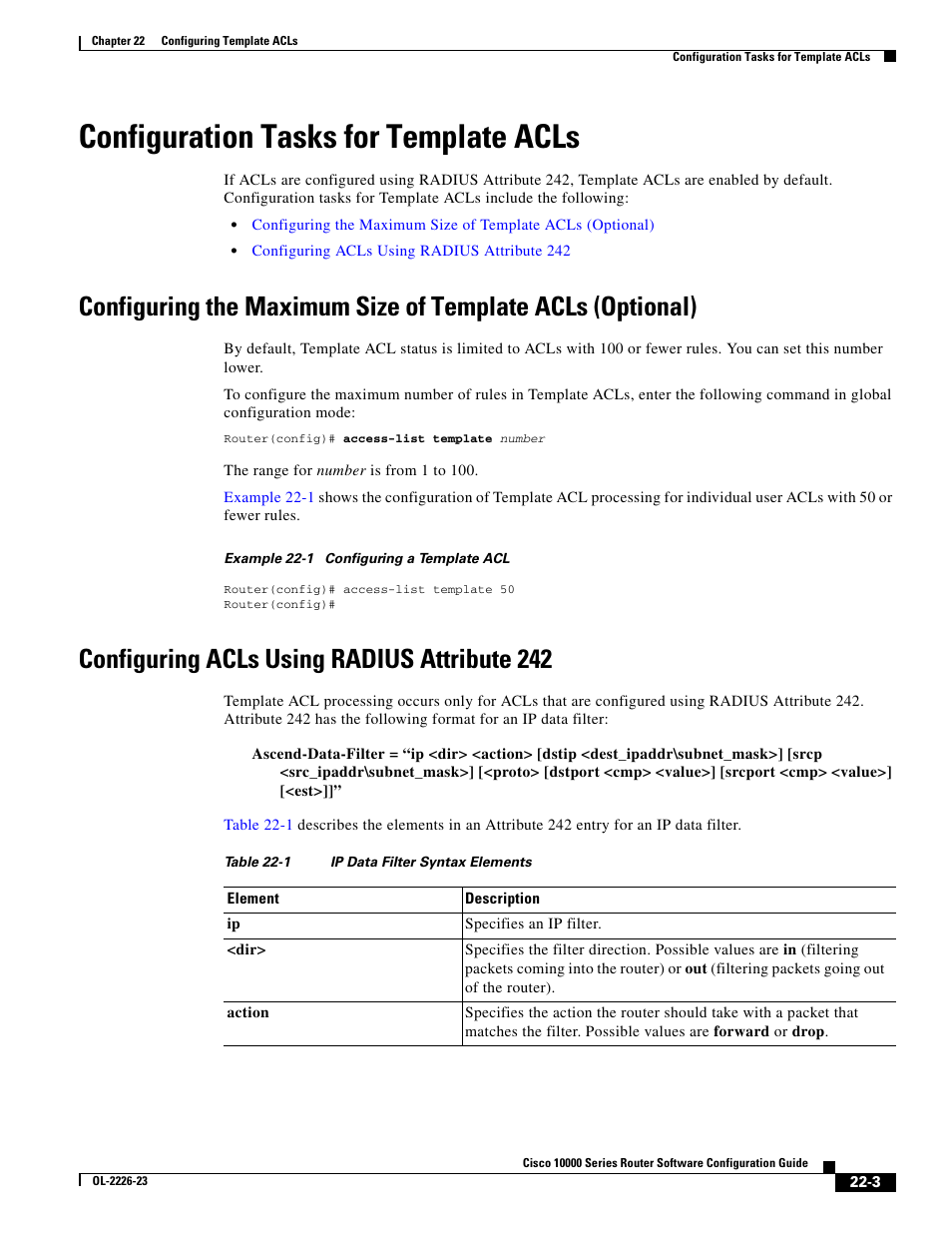 Configuration tasks for template acls, Configuring acls using radius attribute 242 | Cisco 10000 User Manual | Page 487 / 556