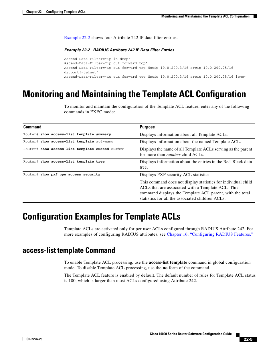 Configuration examples for template acls, Access-list template command | Cisco 10000 User Manual | Page 489 / 556