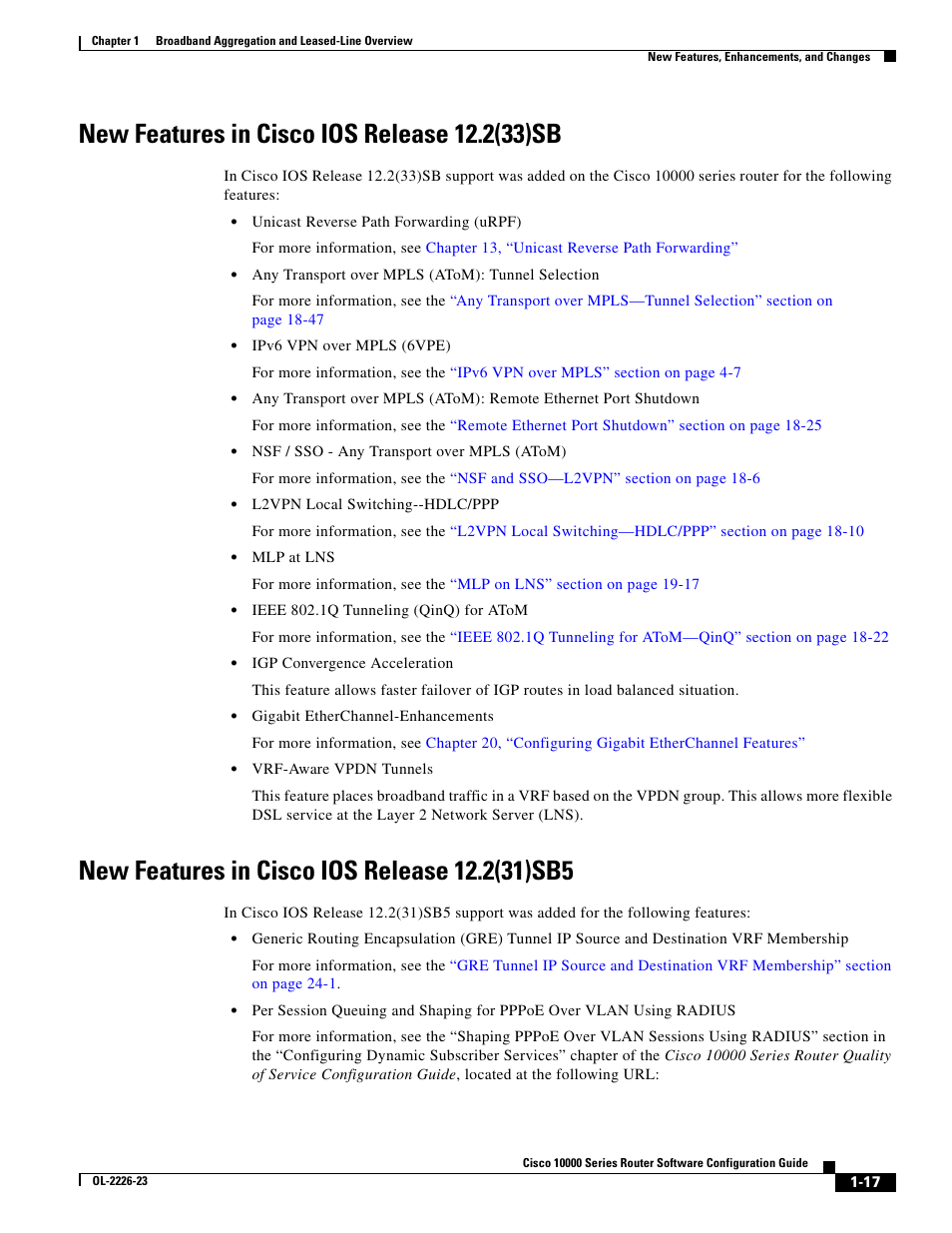 New features in cisco ios release 12.2(33)sb, New features in cisco ios release 12.2(31)sb5 | Cisco 10000 User Manual | Page 49 / 556