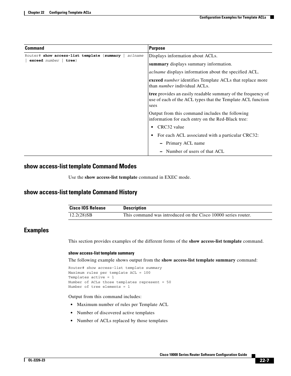 Show access-list template command modes, Show access-list template command history, Examples | Show access-list template command history examples | Cisco 10000 User Manual | Page 491 / 556