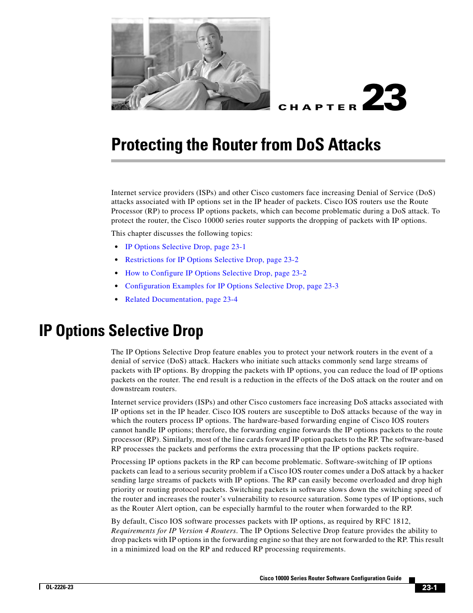 Protecting the router from dos attacks, Ip options selective drop, C h a p t e r | Cisco 10000 User Manual | Page 495 / 556