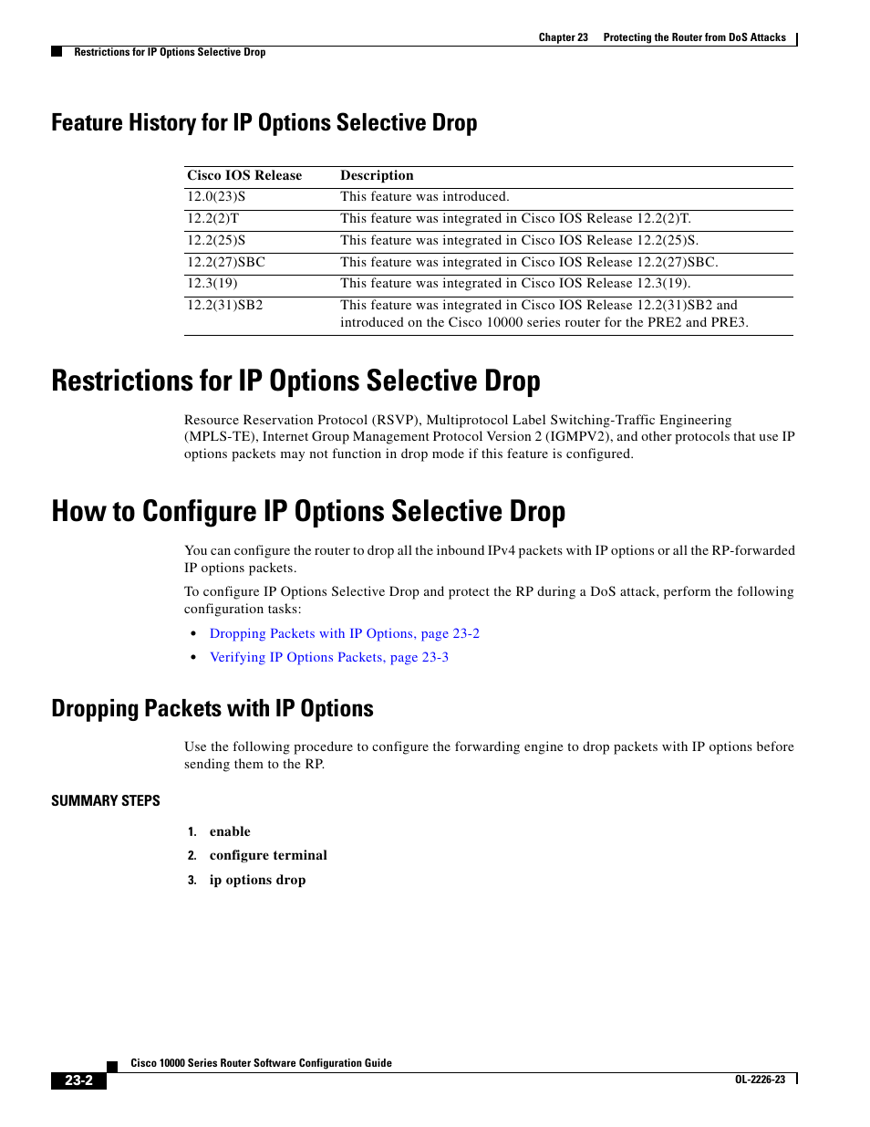 Feature history for ip options selective drop, Restrictions for ip options selective drop, How to configure ip options selective drop | Dropping packets with ip options | Cisco 10000 User Manual | Page 496 / 556