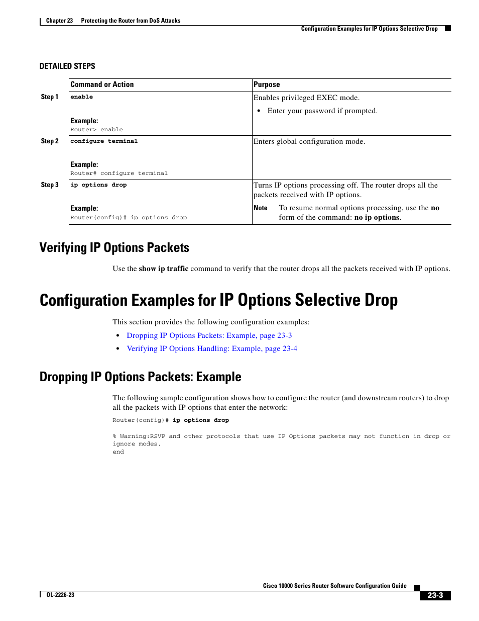 Verifying ip options packets, Dropping ip options packets: example, Ip options selective drop | Configuration examples for | Cisco 10000 User Manual | Page 497 / 556