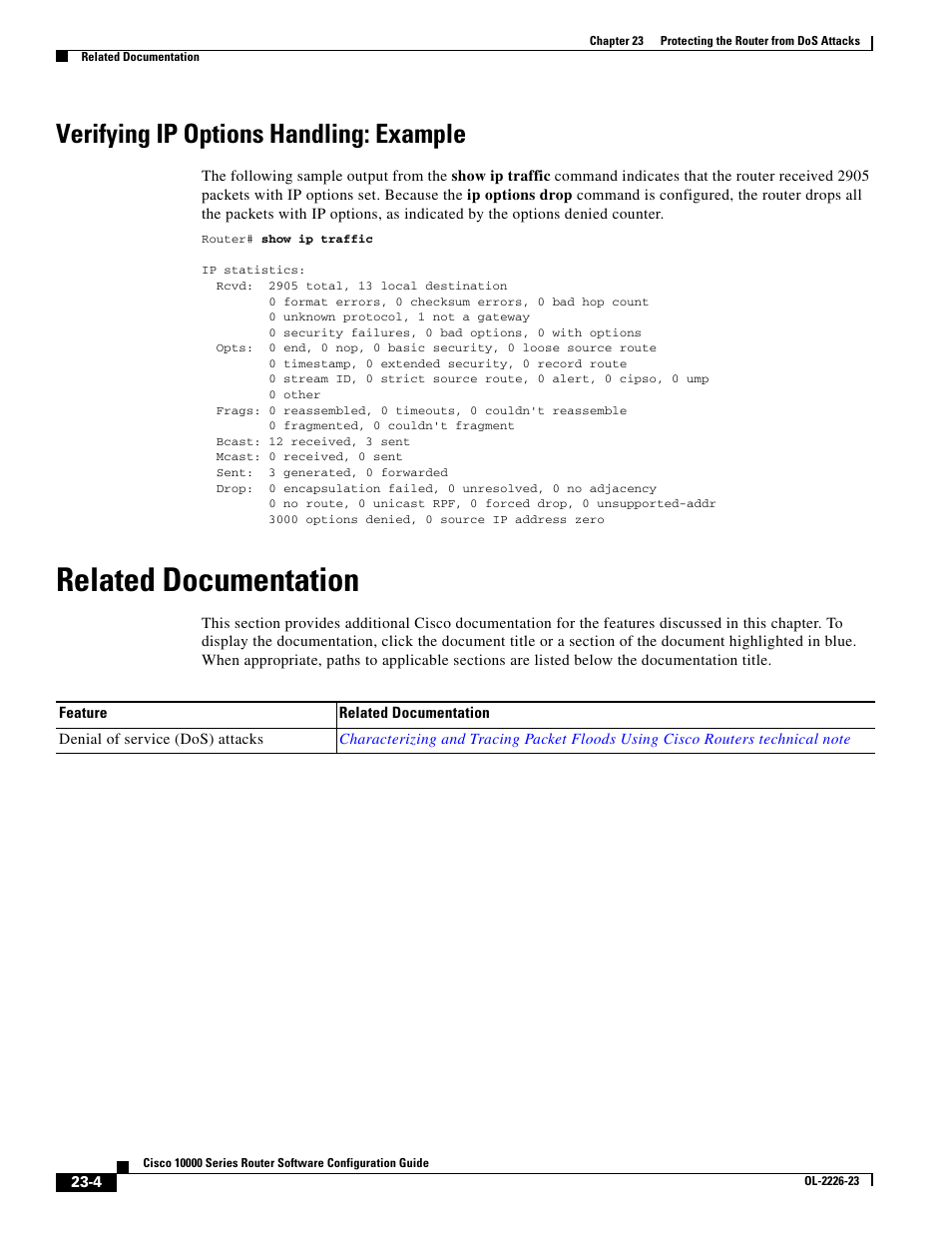 Verifying ip options handling: example, Related documentation | Cisco 10000 User Manual | Page 498 / 556