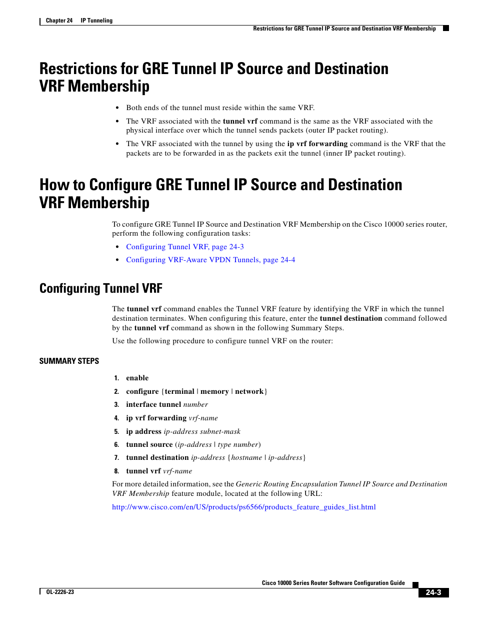 Configuring tunnel vrf | Cisco 10000 User Manual | Page 501 / 556