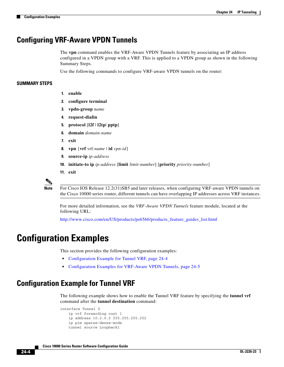 Configuring vrf-aware vpdn tunnels, Configuration examples, Configuration example for tunnel vrf | Cisco 10000 User Manual | Page 502 / 556