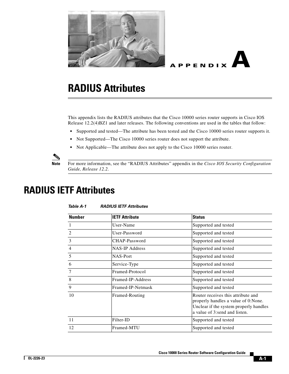 Radius attributes, Radius ietf attributes, A p p e n d i x | Appendix a, “radius attributes | Cisco 10000 User Manual | Page 505 / 556