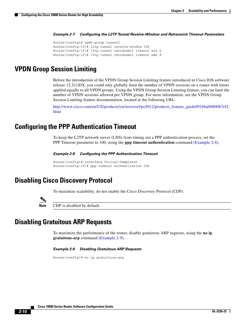 Vpdn group session limiting, Configuring the ppp authentication timeout, Disabling cisco discovery protocol | Disabling gratuitous arp requests, Example 2-7 | Cisco 10000 User Manual | Page 70 / 556